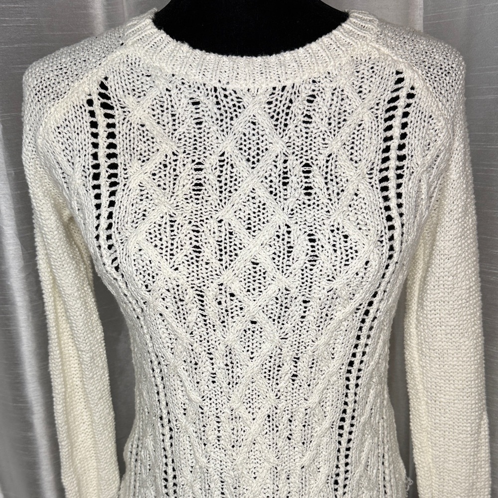 Kaisely Cable Knit Frayed Raw Hem Crew Neck Ivory Sweater Lightweight Women’s XS